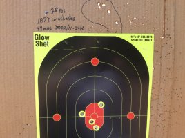 44 mag 300 gr load in 44 special case for 1873 Winchester  4 shots from 30 yds. first shots 5 ...jpg